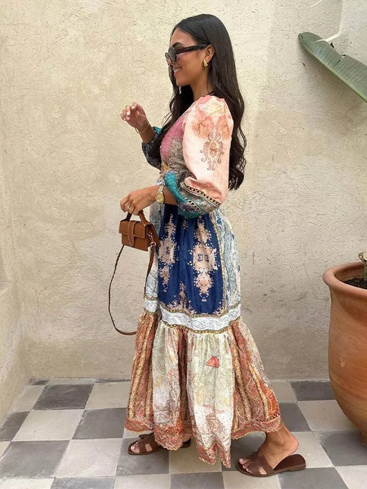 Vintage Patchwork Maxi Dress: Bohemian Chic V-Neck Statement Piece