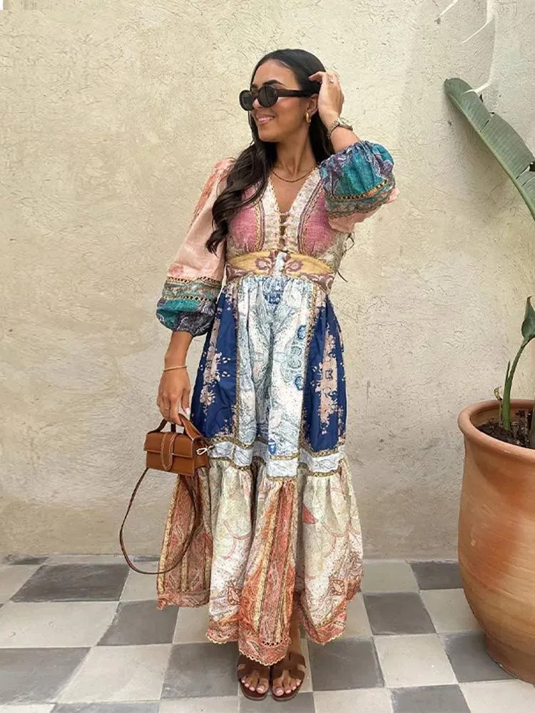 Vintage Patchwork Maxi Dress: Bohemian Chic V-Neck Statement Piece