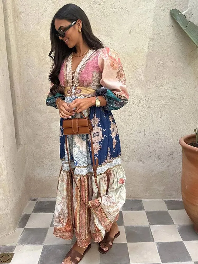 Vintage Patchwork Maxi Dress: Bohemian Chic V-Neck Statement Piece