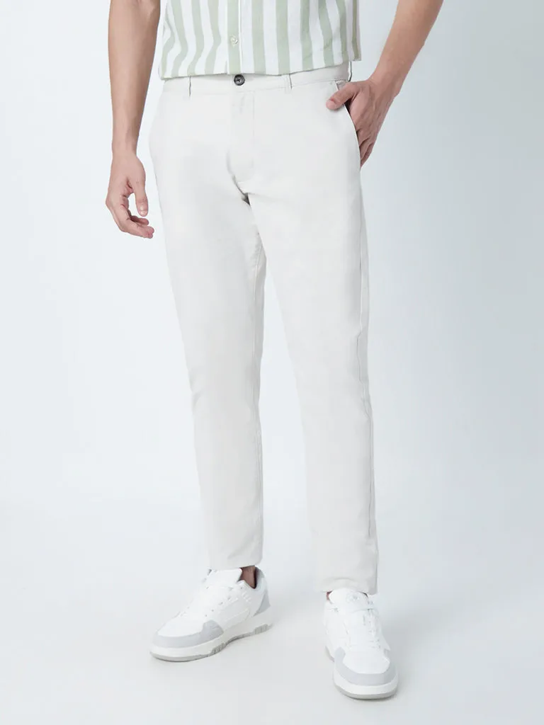 WES Casuals Off-White Cotton-Blend Slim-Fit Mid-Rise Chinos