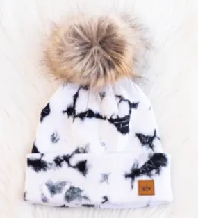 White and Black Tie Dye Knit Hat with Fur Pom