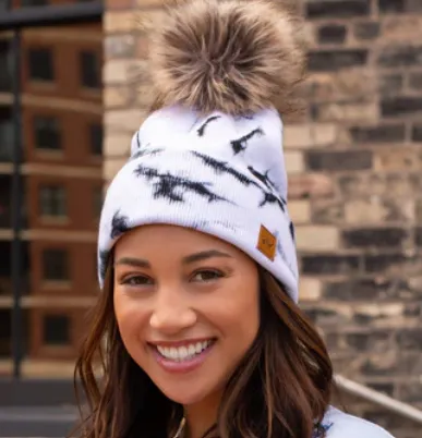 White and Black Tie Dye Knit Hat with Fur Pom