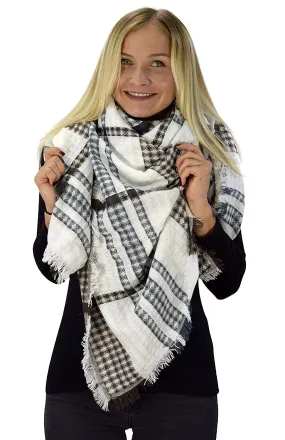White Brown Warm Tartan Plaid Woven Oversized Fringe Scarf Blanket Shawl Wrap