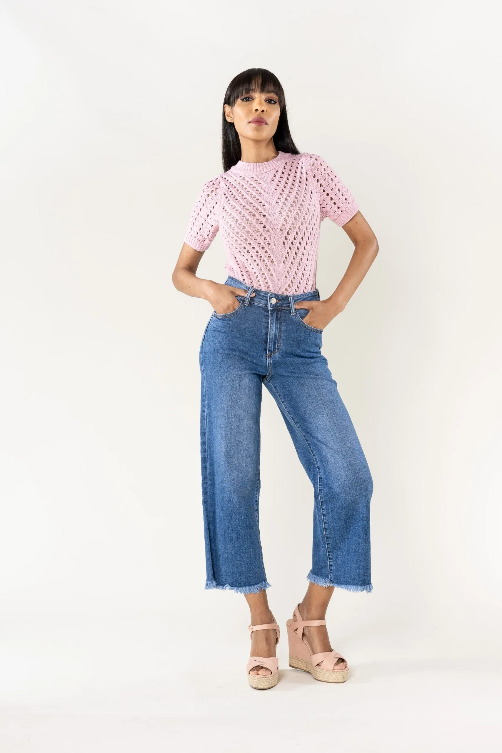 Wholesale Dark Blue Flare Cropped Jeans