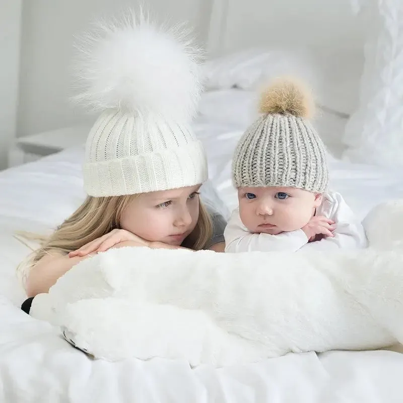 Winter Knit Mother & Child Beanie Pom Hat