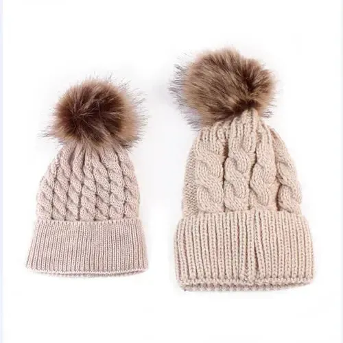 Winter Knit Mother & Child Beanie Pom Hat