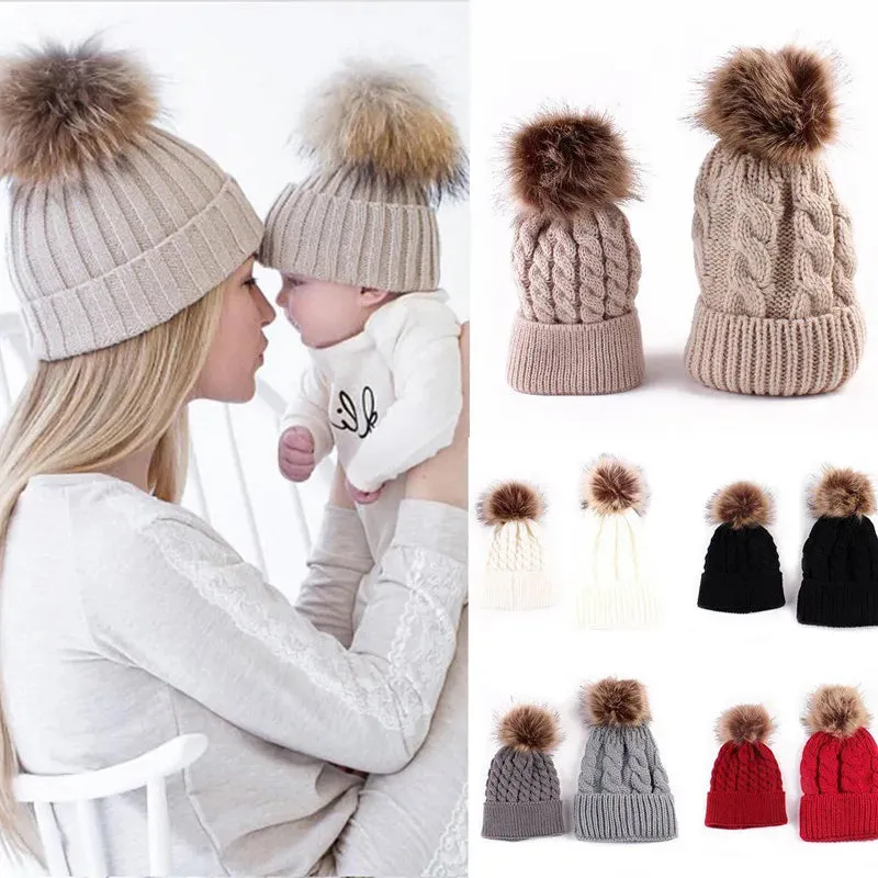 Winter Knit Mother & Child Beanie Pom Hat