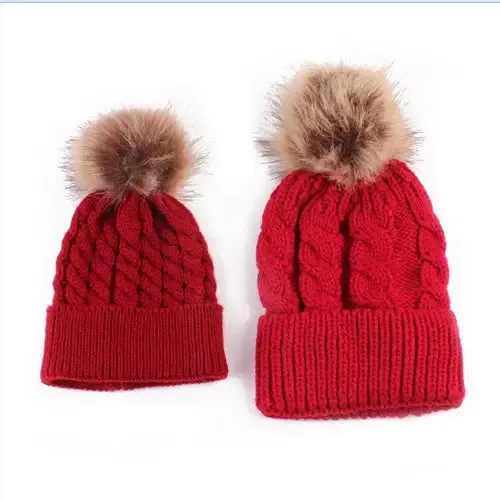 Winter Knit Mother & Child Beanie Pom Hat