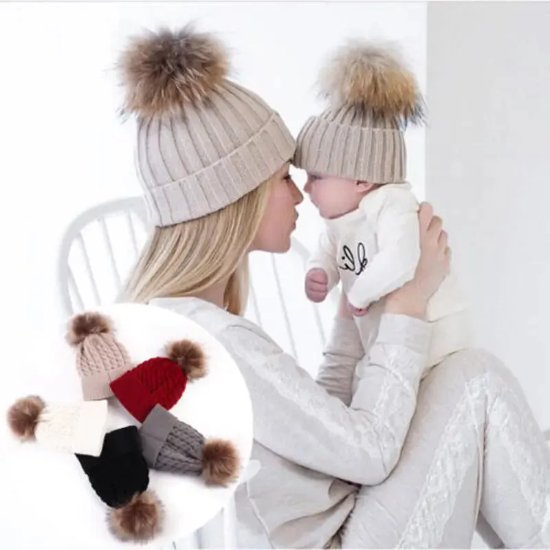 Winter Knit Mother & Child Beanie Pom Hat