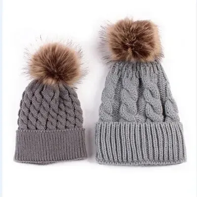 Winter Knit Mother & Child Beanie Pom Hat