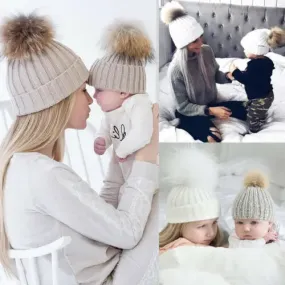 Winter Knit Mother & Child Beanie Pom Hat