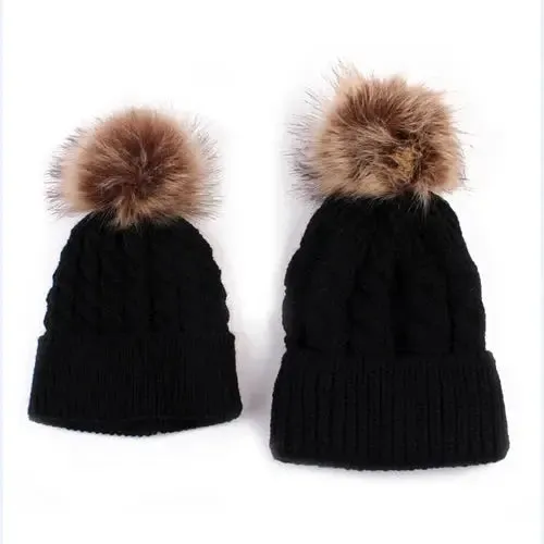 Winter Knit Mother & Child Beanie Pom Hat