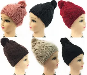 women knit winter hat w/pompom assorted colors Case of 12
