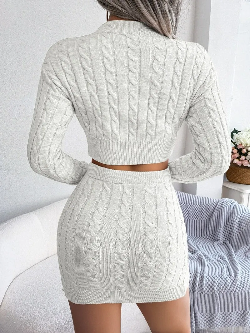 Women Twist Knitted Sweater Skirt 2 Piece Set