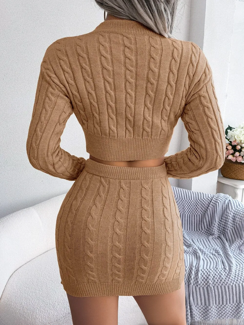 Women Twist Knitted Sweater Skirt 2 Piece Set