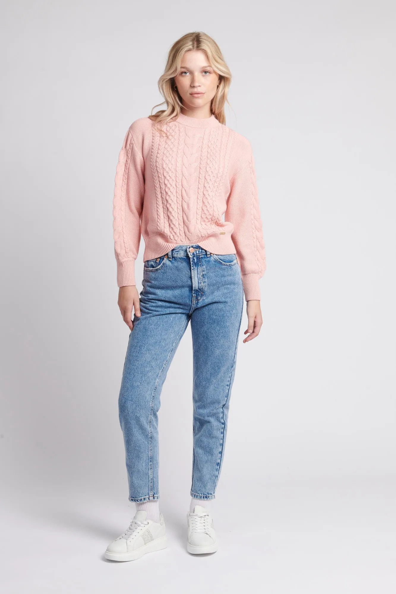 Womens Multi Cable Knit Jumper in Silver Pink