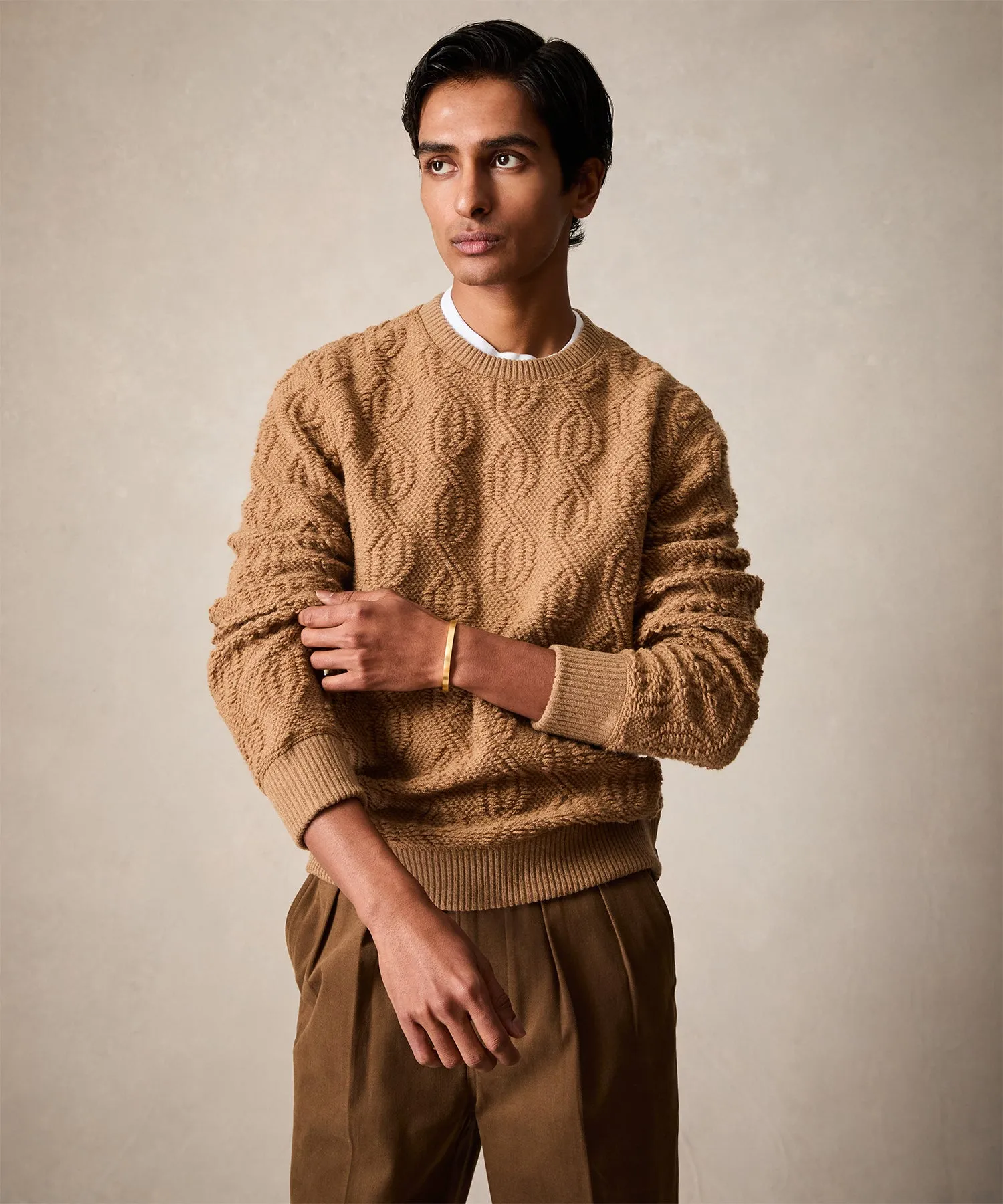 Wool Cable Knit Crewneck Sweater in Camel