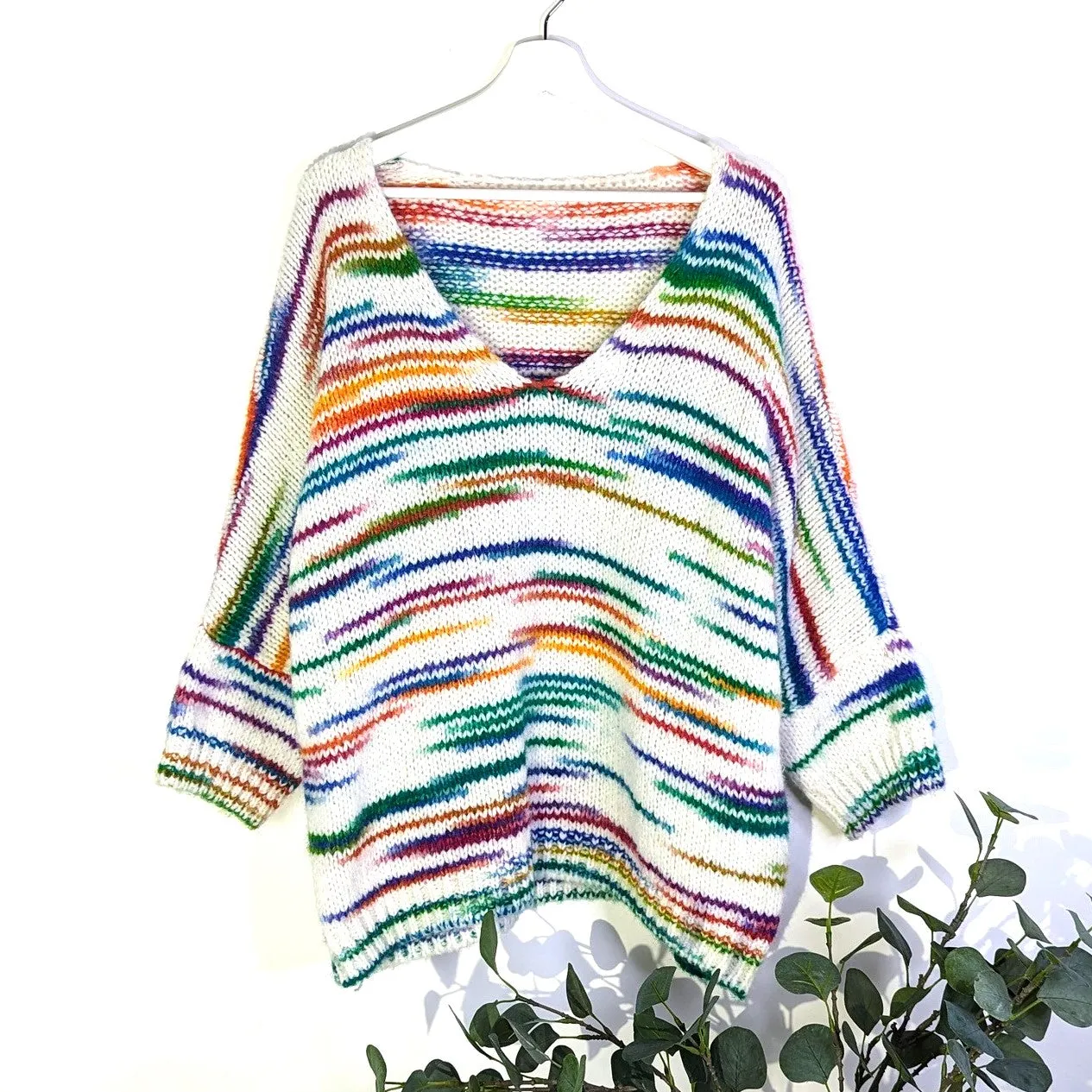 Wool mix slouchy rainbow mix V-neck jumper